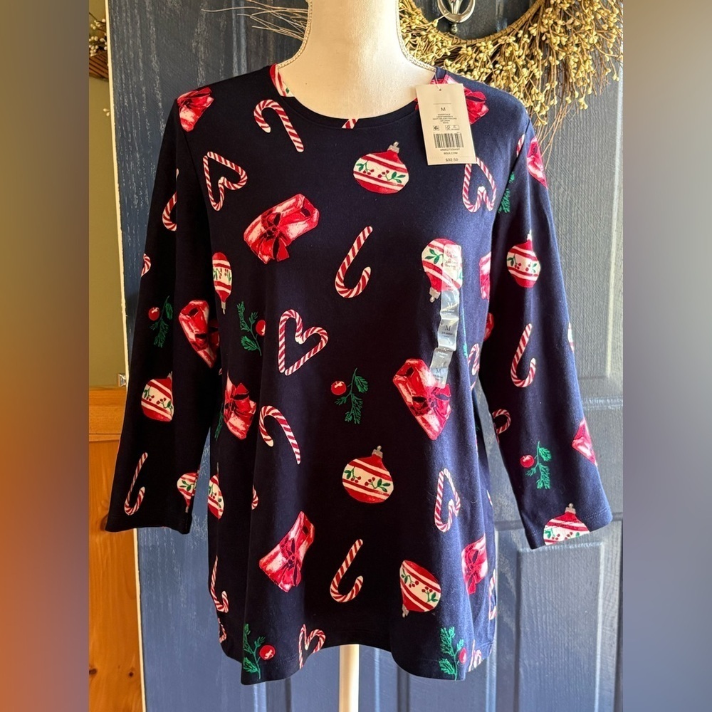 Kim Rogers Dark Blue Holiday Print Blouse